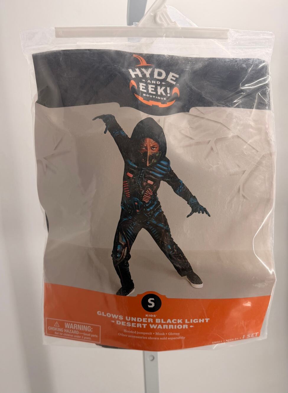 Hyde & Eek Desert Warrior Kids Costume Small Black Light Glow Hooded Jumpsuit